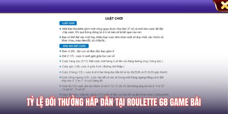 Bảng tỷ lệ cược chi tiết trong Roulette